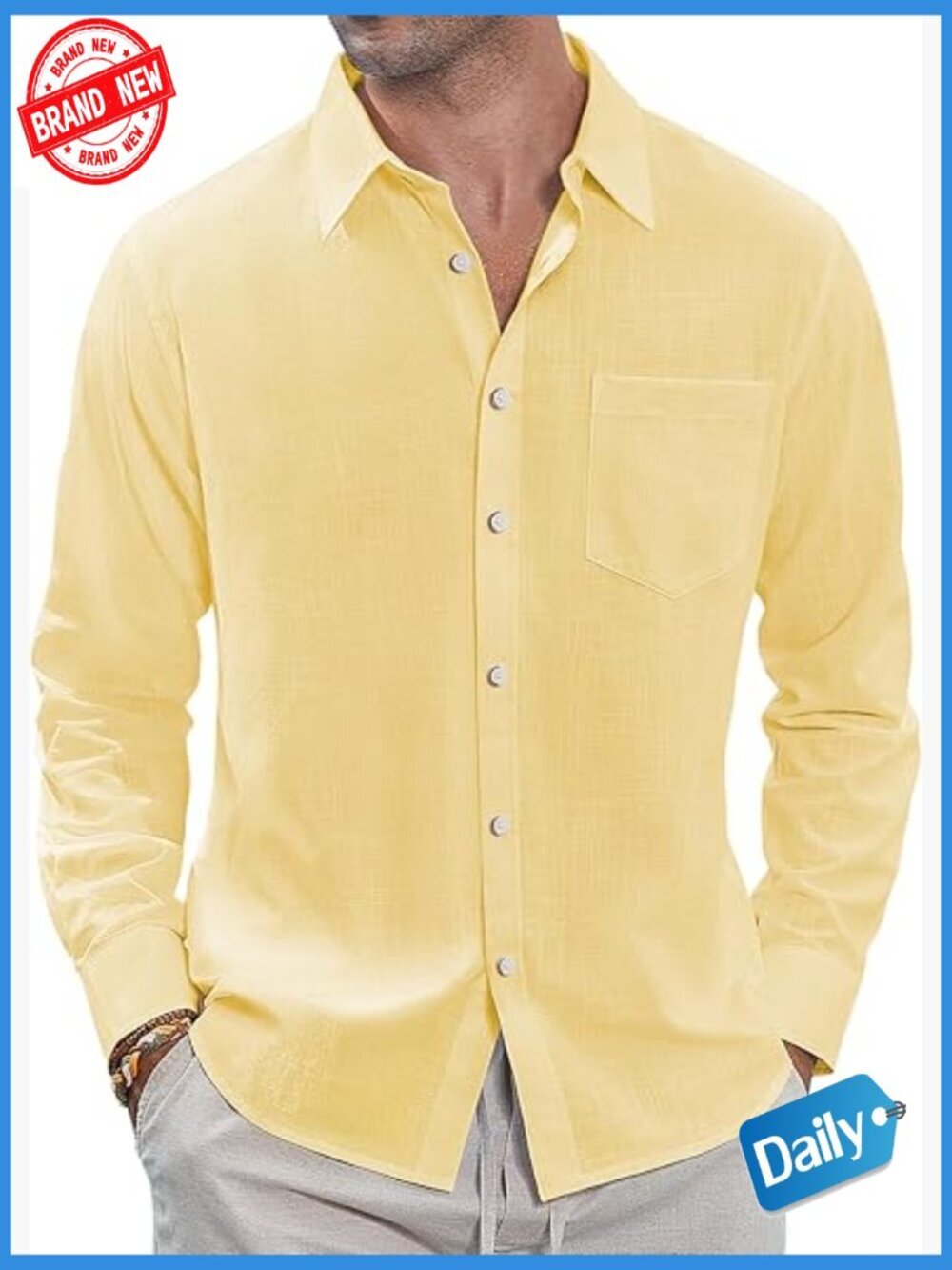 Men's Casual Button Down Long Sleeve Linen Shirt with Pocket